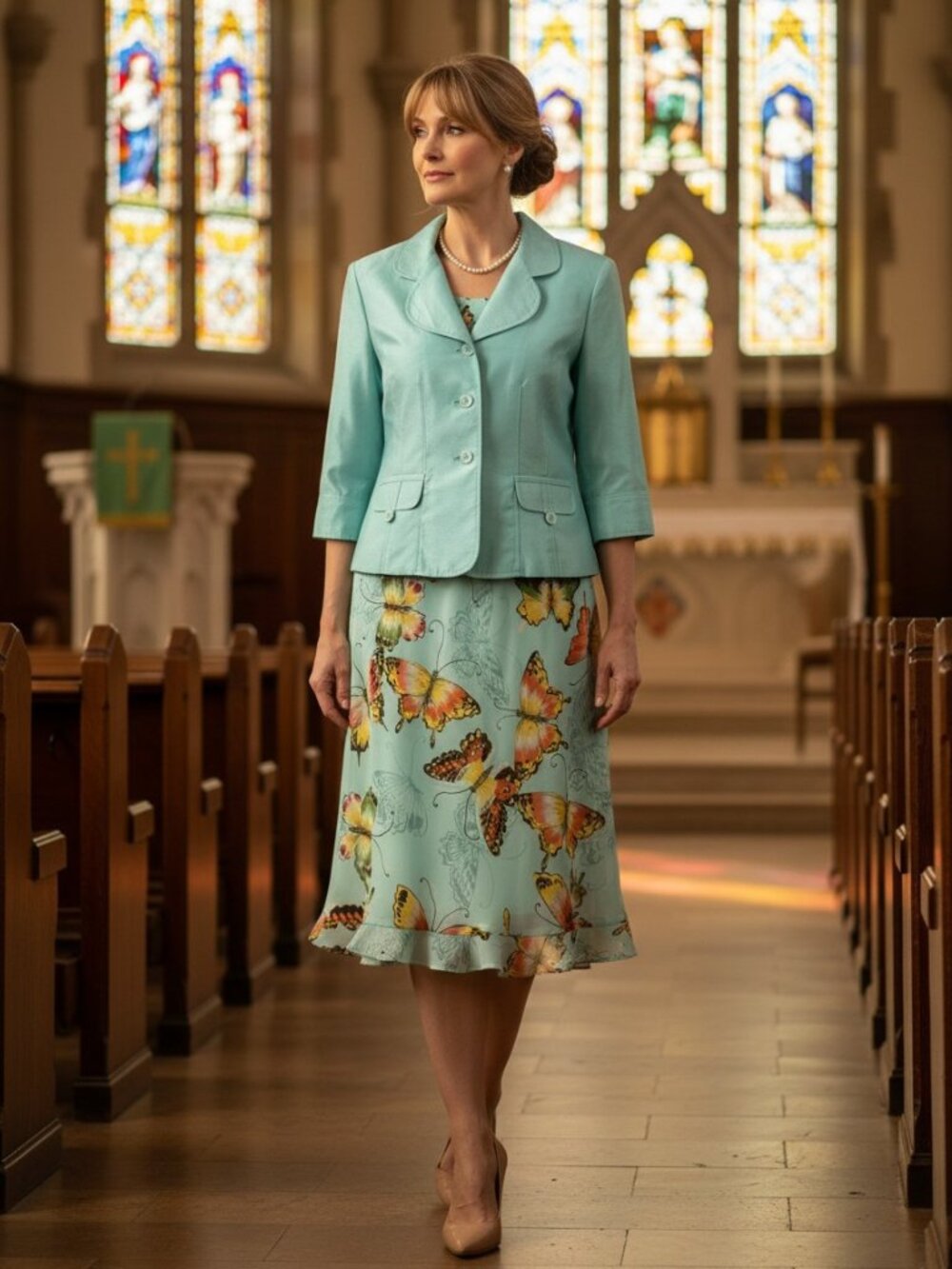 Prophecy Skirt Set Women 10P Aqua Excellent Butterfly Print Blazer Ruffle Skirt